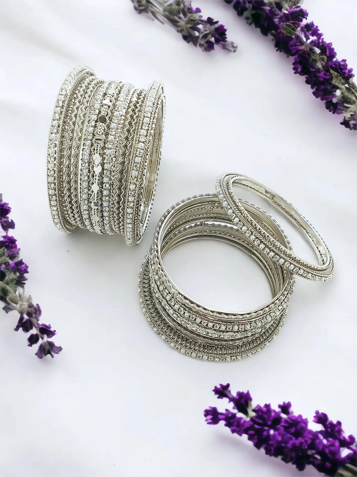 Silver Oxidized Pearl 14Pc Chuda Bangle Set