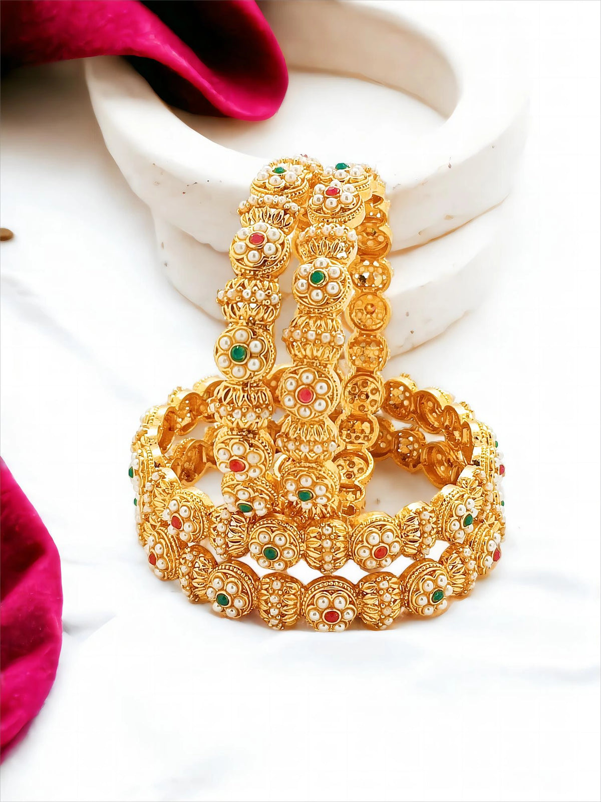 Gold Plated Multicolor Floral Pearl 4Pc Bangle