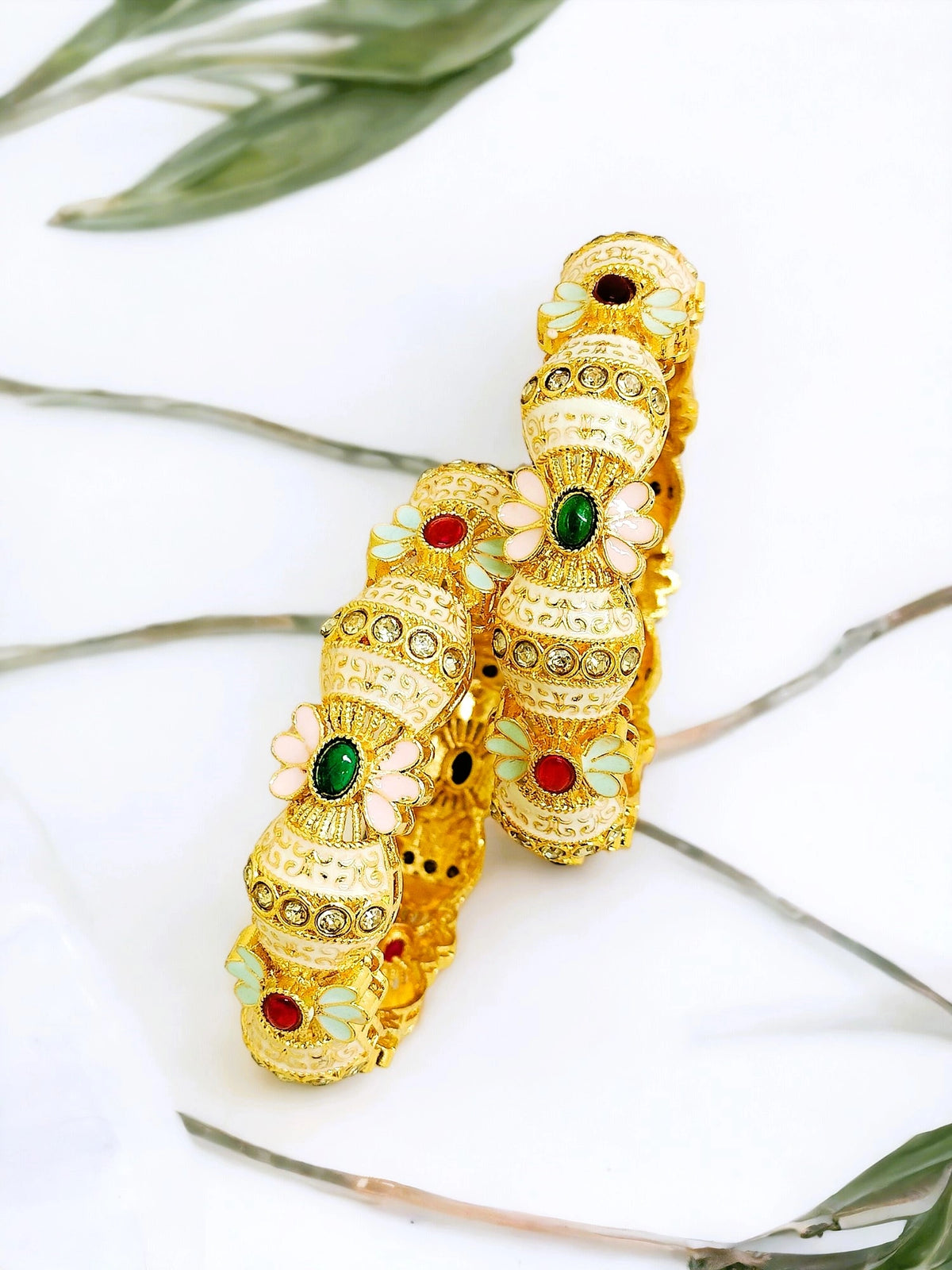 Enamel Gold Plated Floral Fusion 2Pc Bangle