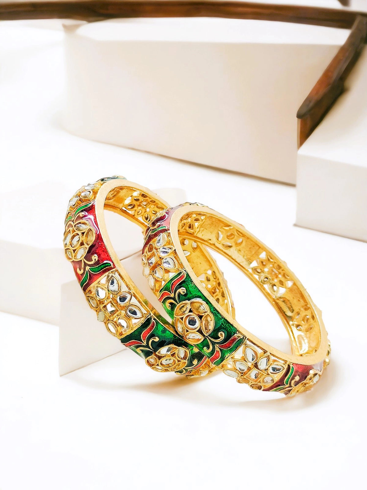 Gold Plated Kundan Meenakari 2pc Bangle Kada