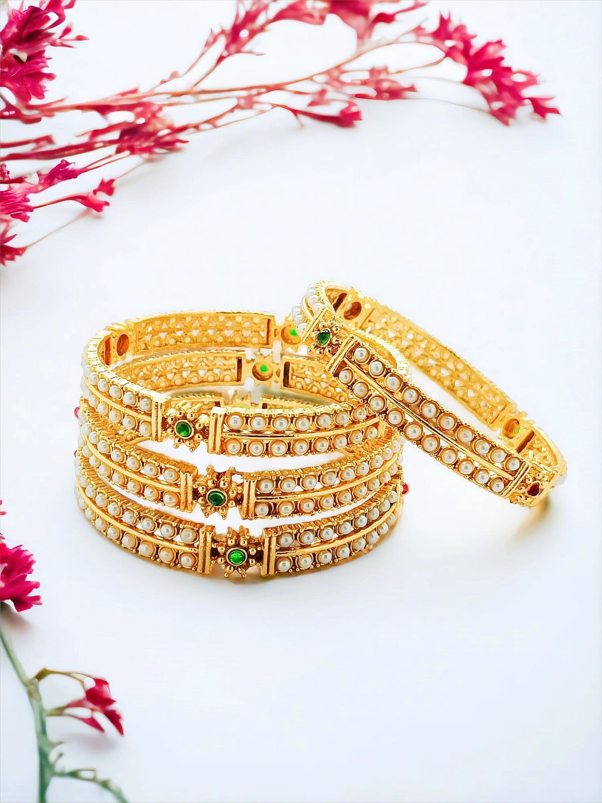 Gold Plated Traditional 4Pc Pearl CZ Stone Bangle