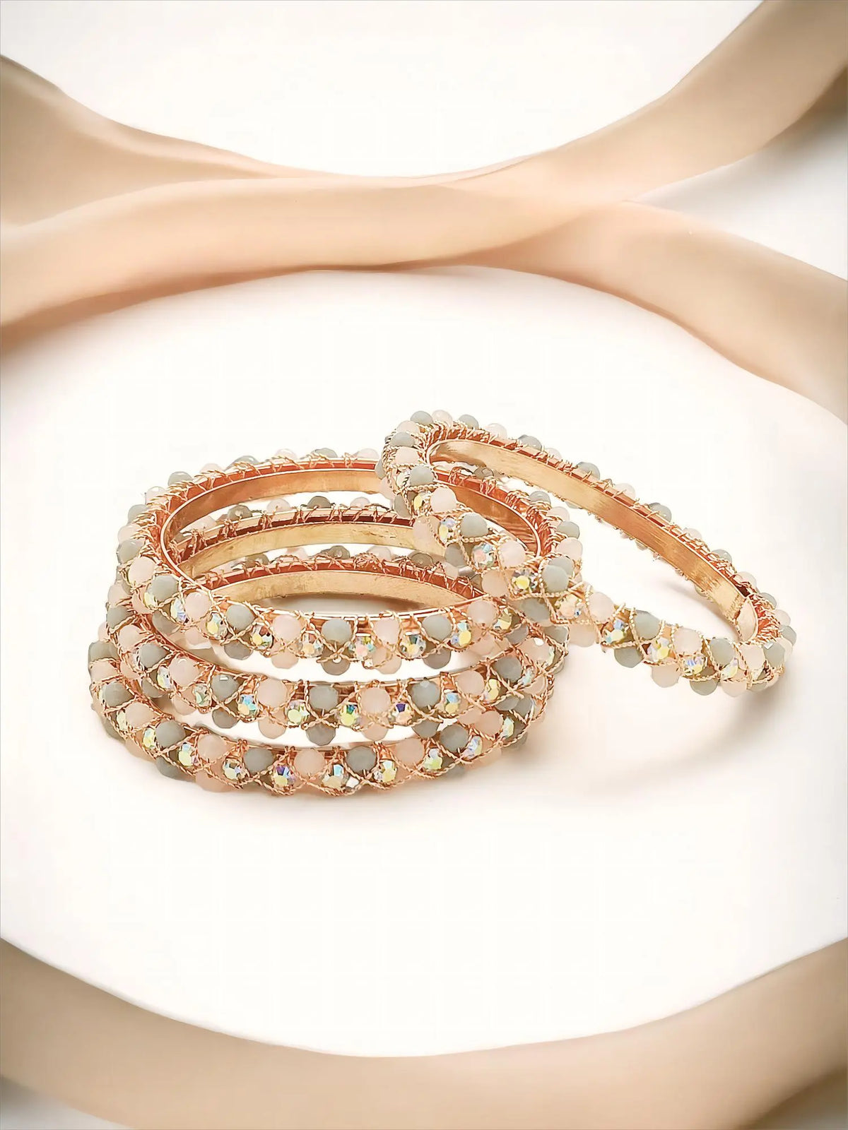 Gold Plated Crystal Grey And Pink 4Pc Bangle Set