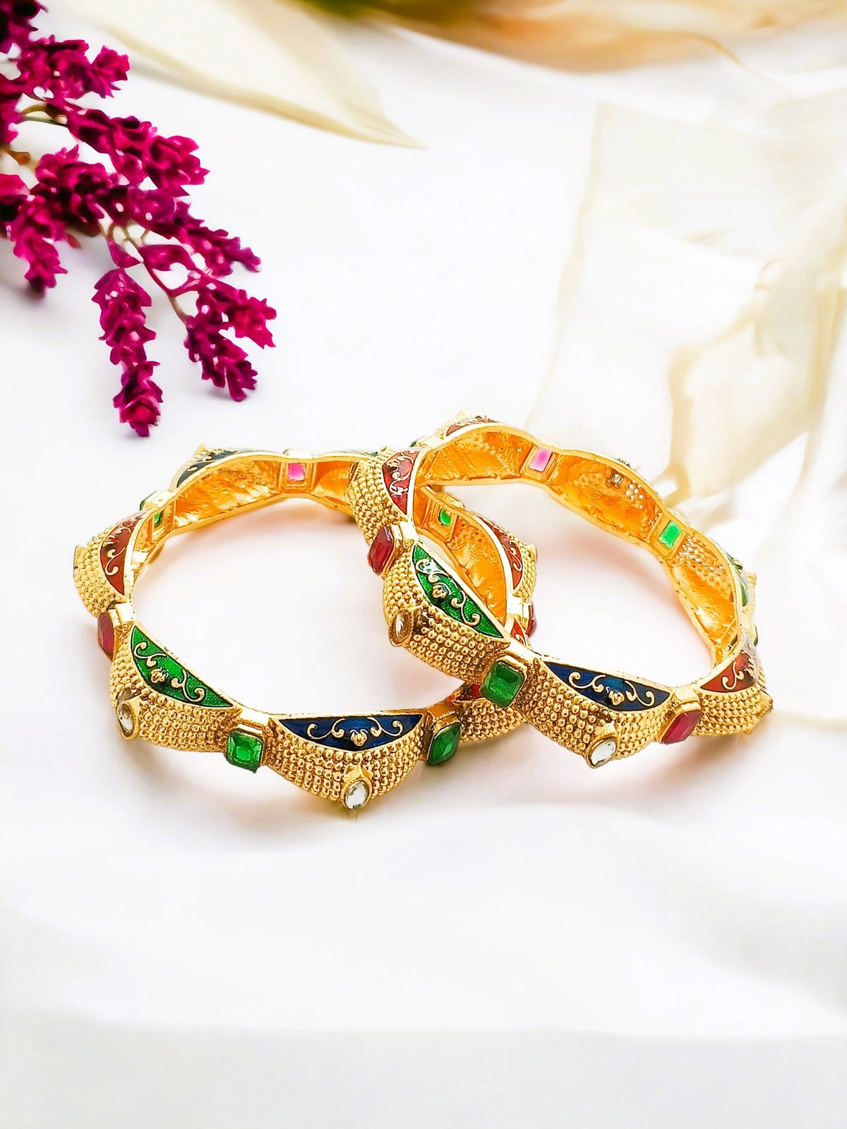 Gold Plated Rajwadi Meenakari Multi CZ 2Pc Bangle Kada