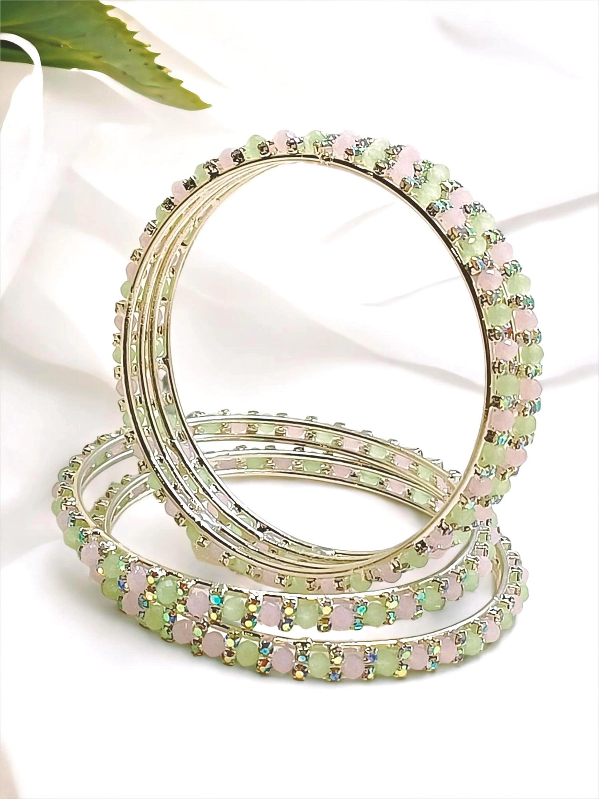 Silver Plated Crystal Mint Green And Pink 4Pc Bangle Set