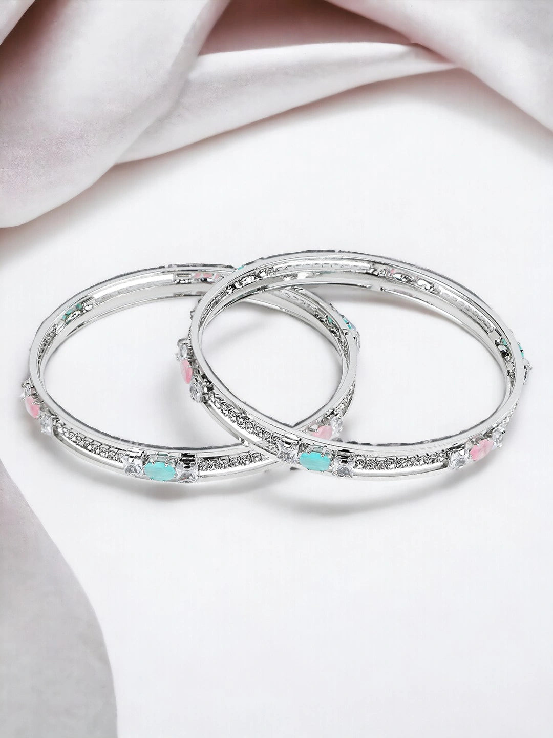 Rhodium Plated Mint Green And Pink CZ Stone Bangle