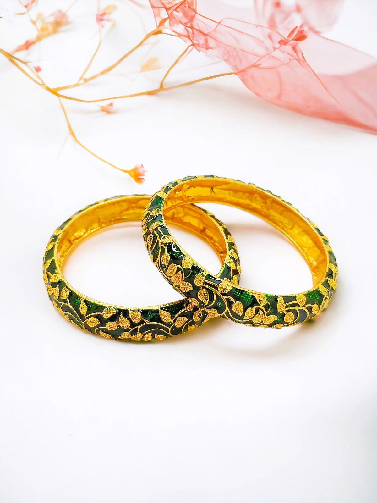 Gold Plated Green Enamel Leaf 2Pc Kada Bangle