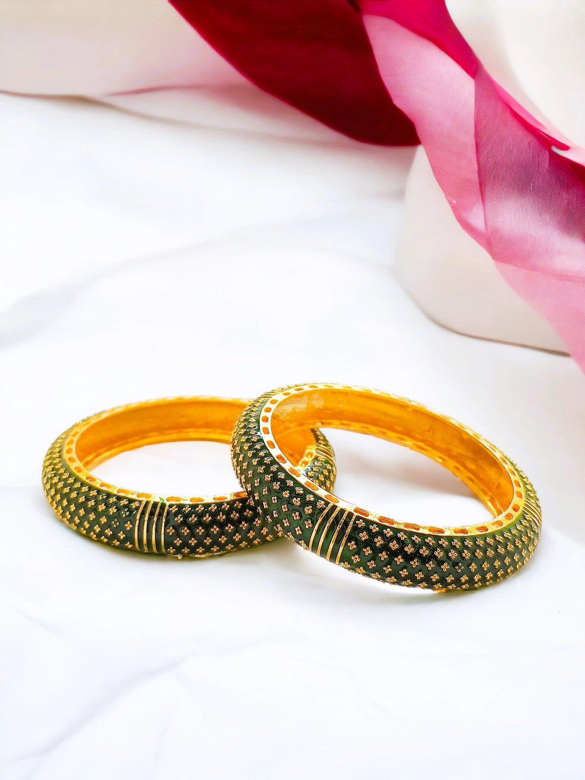 Gold Plated Green Meenakari 2Pc Broad Kada Bangle