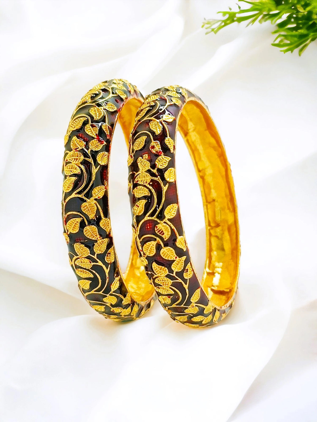 Gold Plated Maroon Enamel 2Pc Kada Bangle