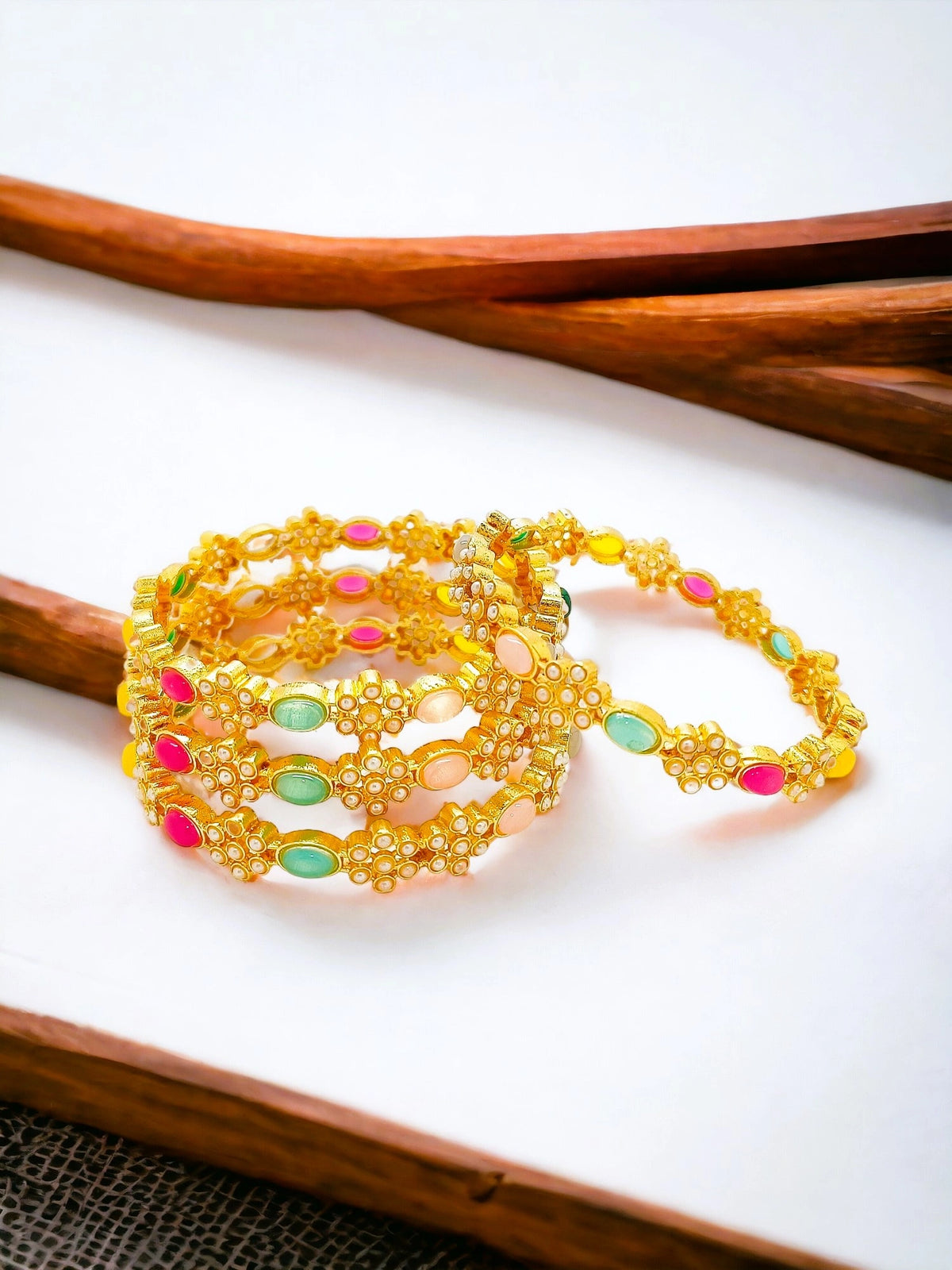 Gold Plated Floral Multicolor Pearl 4Pc Bangle