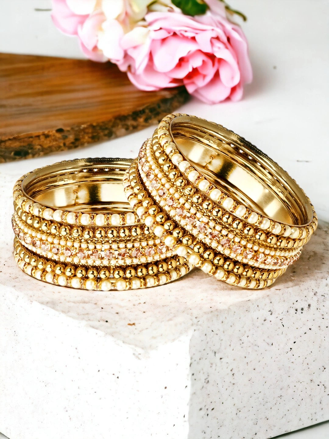 Antique Gold Plated Pearl Cz 10Pc Bangle Chuda