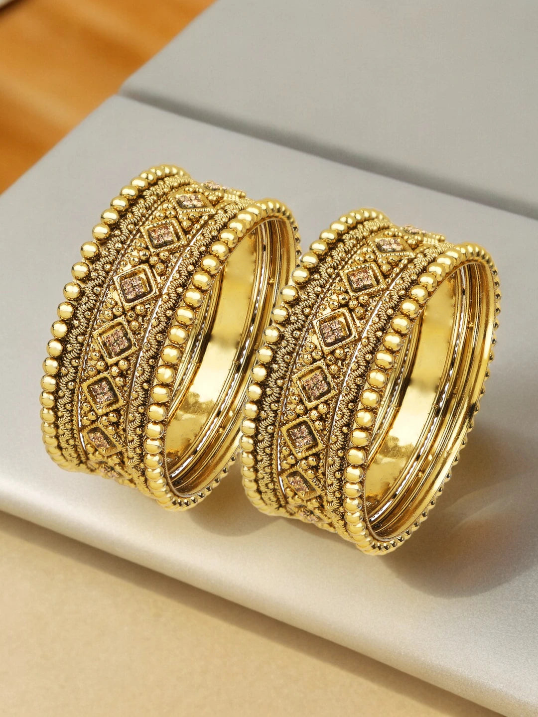 Antique Gold Plated CZ Stone 10Pc Chuda Bangle