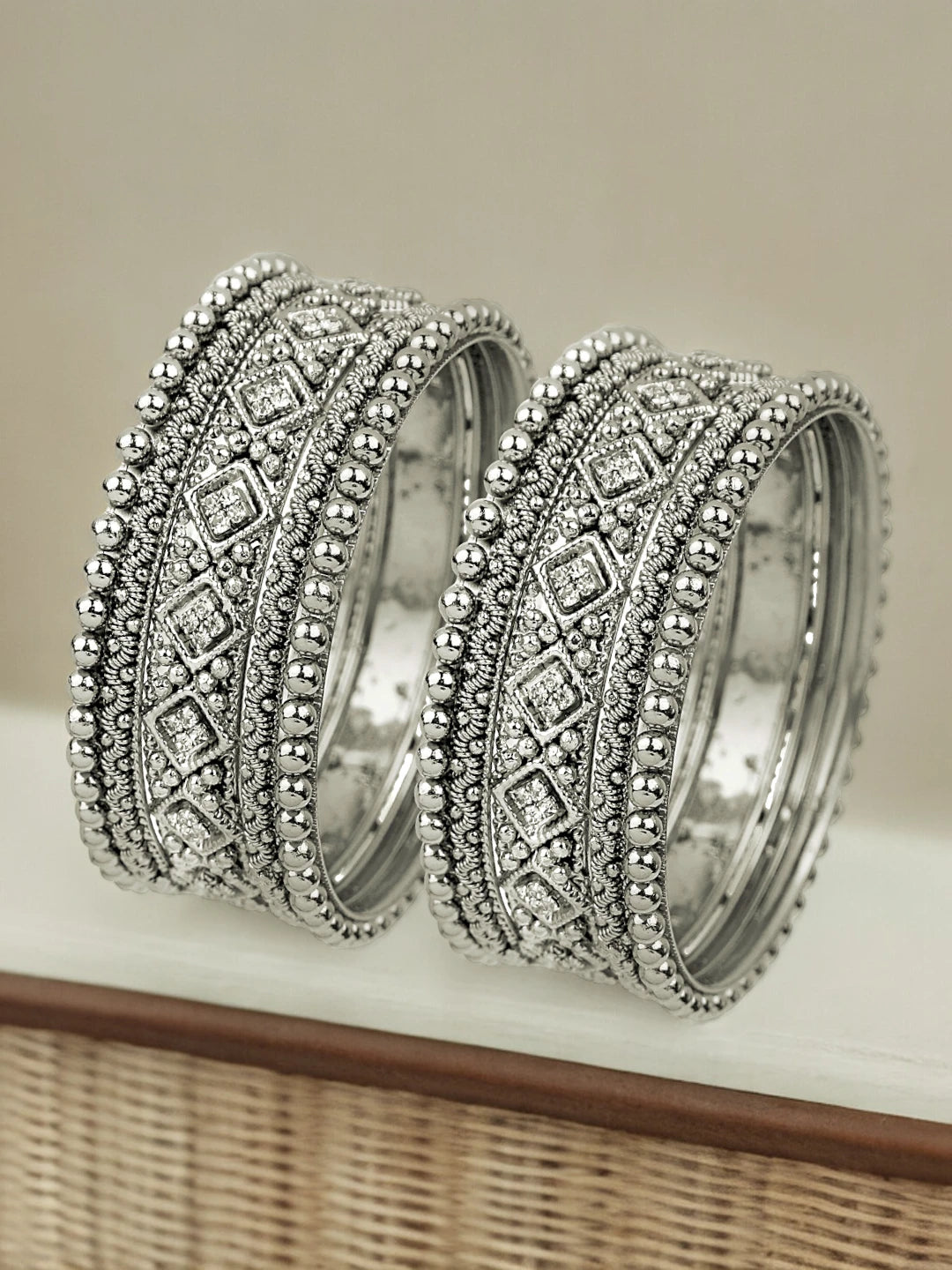 Silver Oxidized CZ Stone 10Pc Chuda Bangle