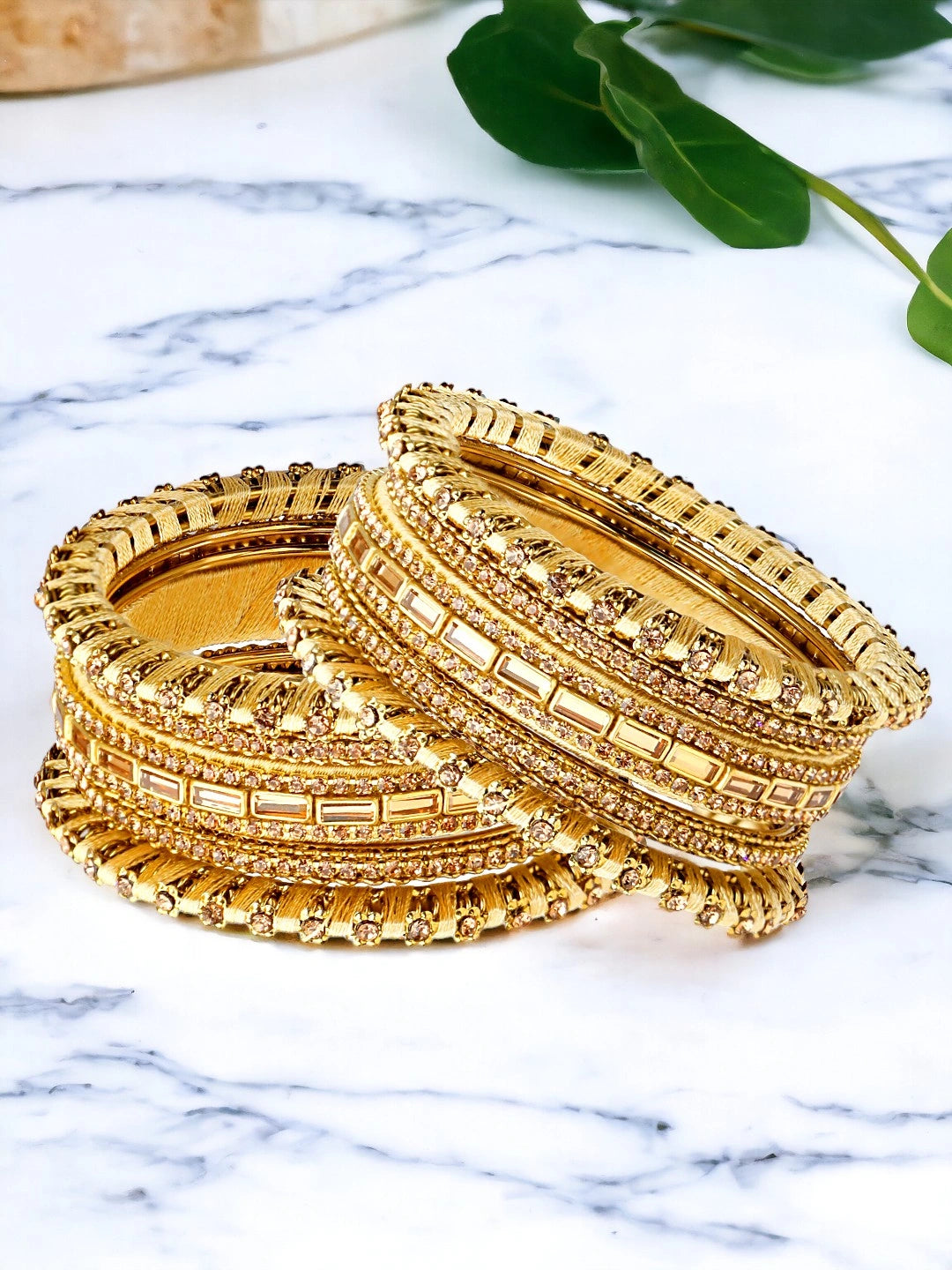 Anitque Gold Plated CZ Thread Work 10pc Chuda Bangle