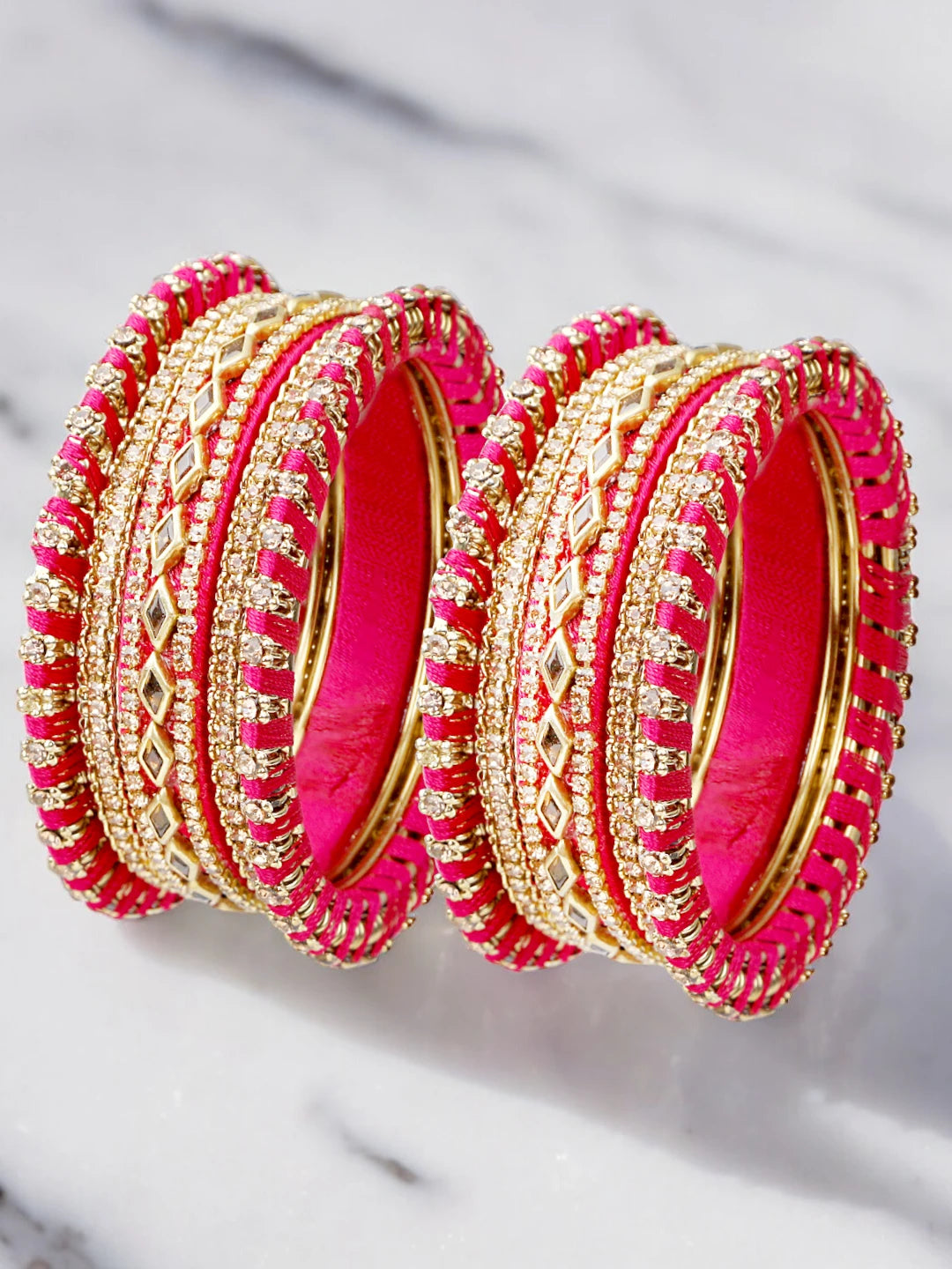 Anitque Gold Plated CZ Pink Thread Work 10pc Chuda Bangle